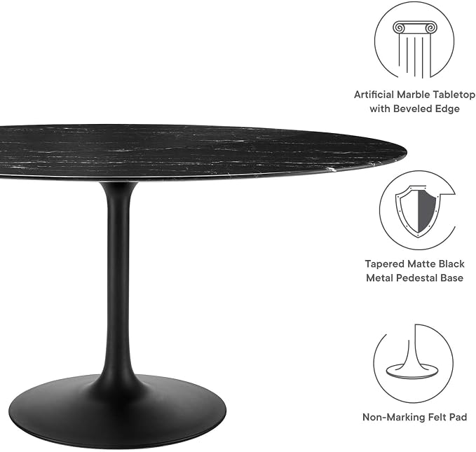 Modway Lippa Oval 60" Mid-Century Modern Artificial Marble Dining Table in Black Black