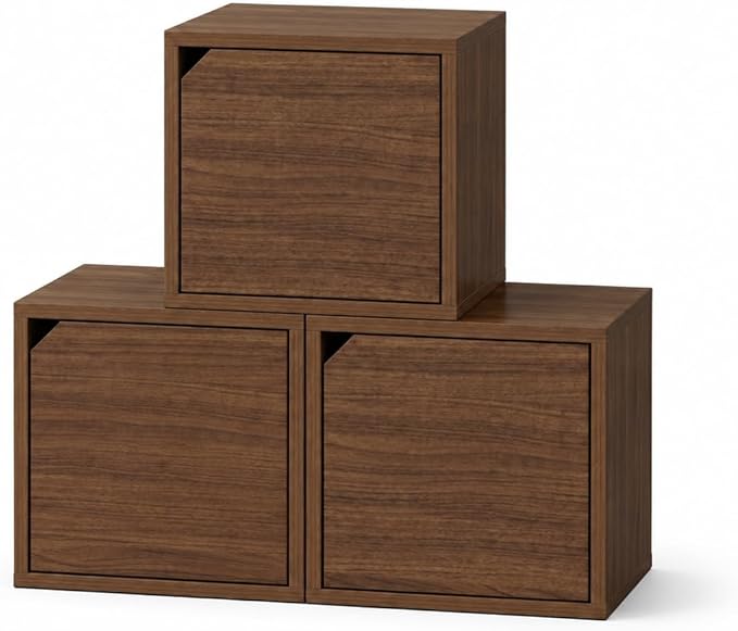 Modular Storage Cube with Door, 11.8" x 11.8" [30 x 30 x 30cm] Multipurpose Wooden Bookshelf and Closet Organizer, Stackable Shelving Unit with Optional Removable Interior Shelf (3, Walnut)
