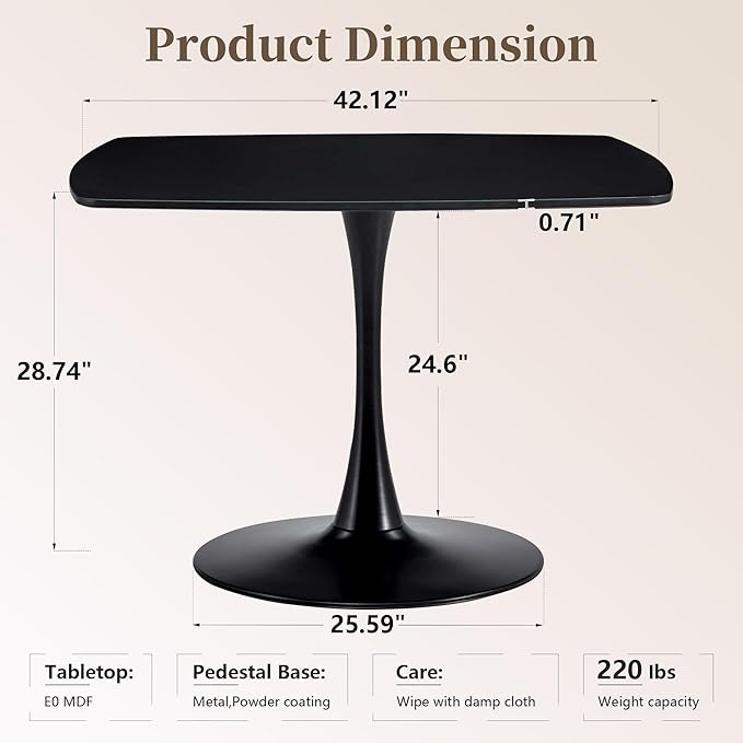 Square Dining Table,42.1" Tulip Table with Metal Pedestal,15-Minute Quick Assembly,Mid Century Modern Leisure Table for Kitchen Small Places Cafe (Black)