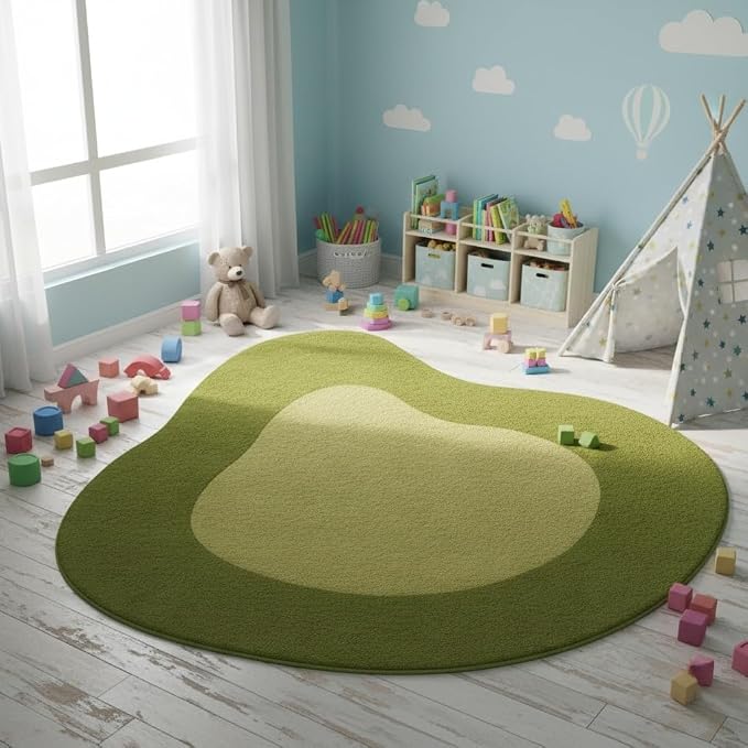 Olive Green Yellow Irregular Area Rug Machine Washable Unique Designer Rug for Living Room Bedroom Home Office Minimalist Neutral Rugs Modern Abstract Boho Nursery Playroom Non Slip Carpet 5ft