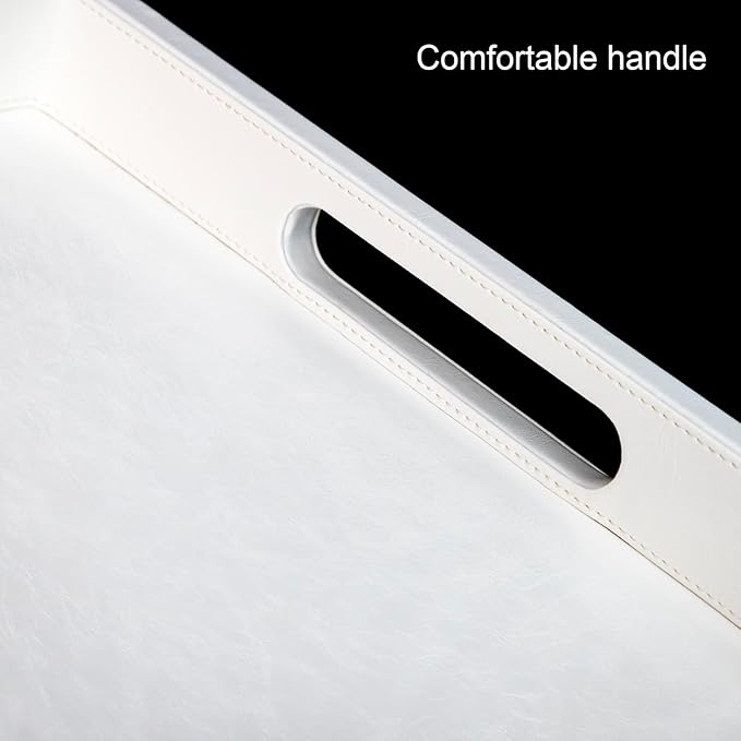 20 * 14 inches Leather Rectangle Serving Tray with Hole Handles,High-End Light Large Service Tray for Ottoman Tray, Tea, Food, Butler - Countertop, Kitchen,Family Dinner, Picnic (White)