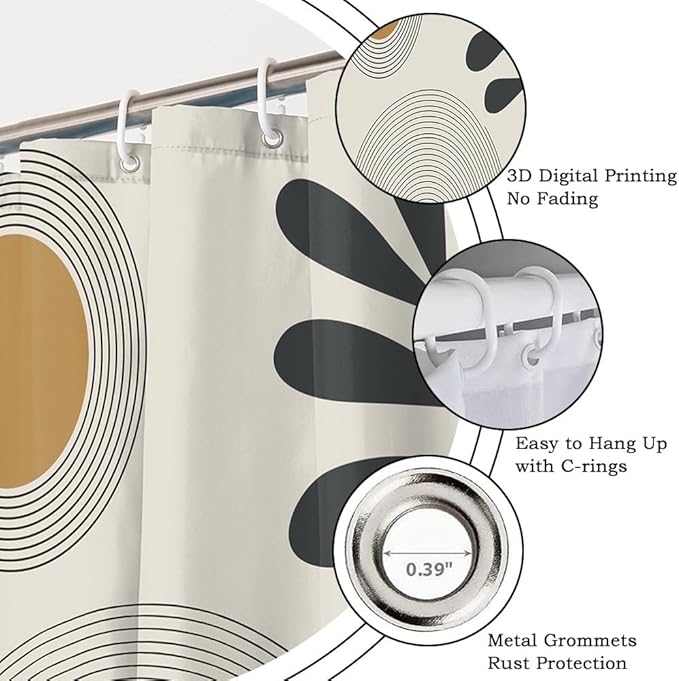 Black Gray Boho Shower Curtain for Bathroom Modern Abstract Minimalist Neutral Bathroom Decor Mid Century Arch Sun Leaf Bathtub Curtains Washable Waterproof Polyester Fabric with Hooks 69x70 Inch