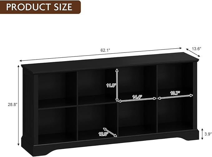 8 Cube Storage Organizer - 62" Long Farmhouse Wood Low Bookshelf, Horizontal Open Shelf Bookcase Cubby Storage Console Cabinet for Living Room, Entryway, Office, Black