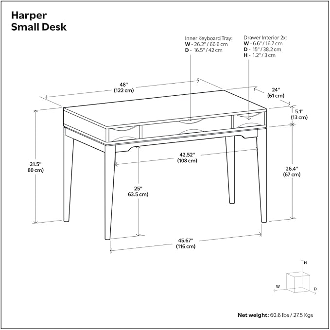 Timeless Style Home Office Desk Computer PC Laptop Desk with Storage Drawers for Bedroom, Mid-century Study Writing Table Workstation with Two Side Drawers and Keyboard Tray for Reading, Gold Color