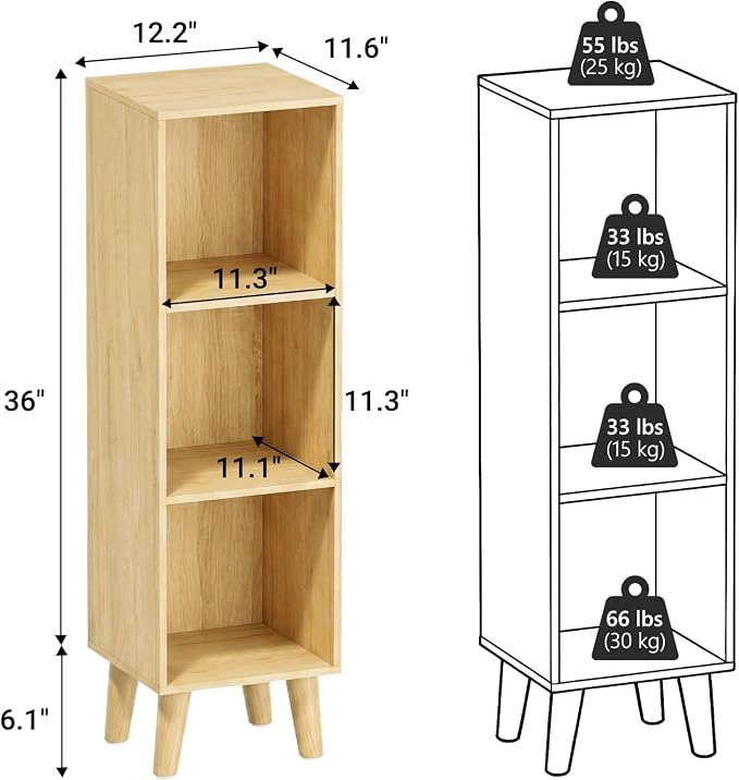3 Cube Storage Organizer with Legs, 3 Tier Cube Low Bookcase Freestanding Storage Organizer for Home Office, Livng Room,Three-Cubes Open Shelf Short Bookshelf (Natural Oak, 3 Cube)