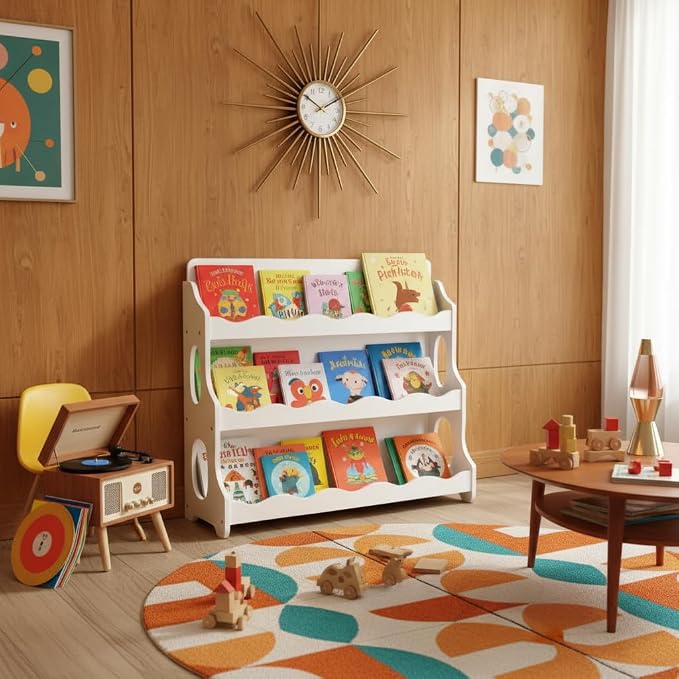 Kids Bookshelf Wooden Montessori Book Shelf Dutch Design 3Tier Scalloped White