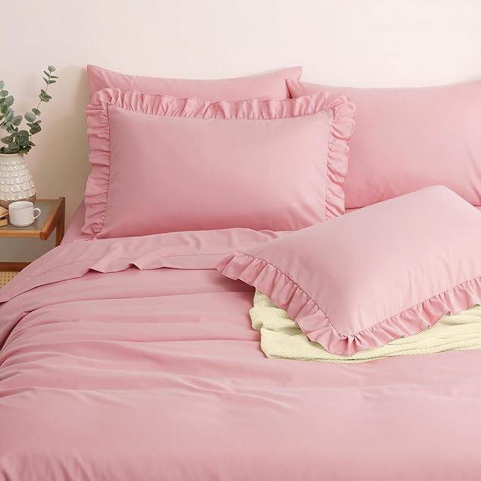 Horbaunal Dusty Pink Ruffle Sheets Queen Size 6 Piece, Fits 16" Deep Mattress, Microfiber Pink Queen Sheets with 2 Ruffled Pillowcases, Shabby Chic Bed Sheet Set