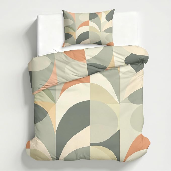 Sage Green Geometric Duvet Cover Oversized King Size, Boho Abstract Bedding Set 3 pcs with 2 Pillow Covers, Mid Century Modern Bedroom Decor, Soft Microfiber Reversible, Zipper & Ties KJJT 109