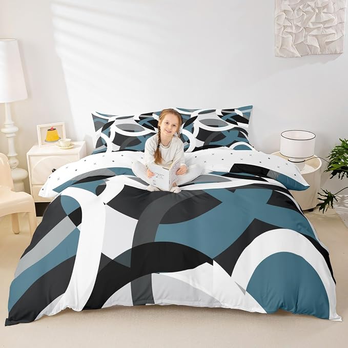 Feelyou Geometric Circle Duvet Cover Modern Retro Grommet Bedding Set Kids Boys Girls Swirls Comforter Cover Grey Blue Black Decor Abstract Stripe Line Bed Set King Size Zipper (No Comforter)