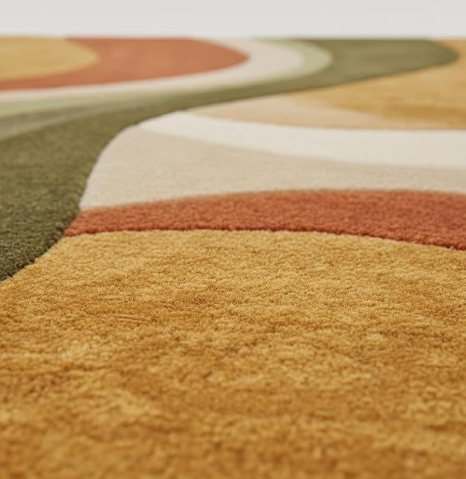 Retro Wave Area Rug, Multicolor Abstract Curved Stripes, Mustard Yellow Rust Orange Olive Green Cream, Modern Bohemian Style (9 * 12 feet)