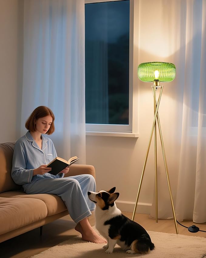 Lightdot Glass Tripod Floor Lamp for Living Room, Modern Gold Standing Lamp with Green Ribbed Glass Lampshade, Arc Tall Lamp for Bedroom Office Reading Room/Sofa Beside/Corner Decor (Bulb Included)