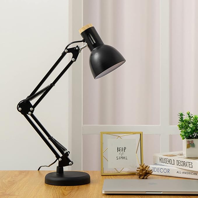 LED Desk Lamp Swing Arm Metal Table Lamp, Adjustable Architect Lamp for Home Bedroom Study Office, E27 Base Bulbs Not Included,Black