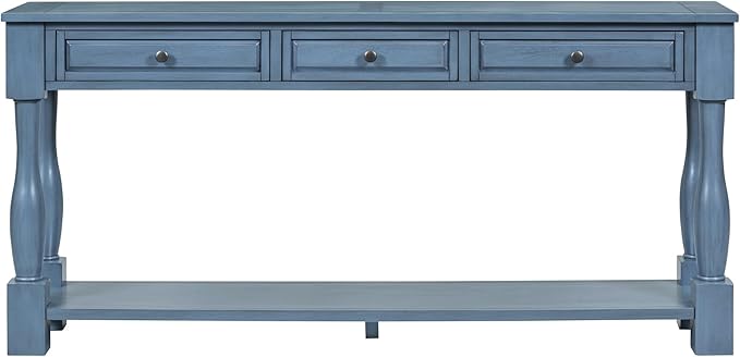 Merax Long Console Table with 3 Storage Drawers, Entryway Table with Pine Wood Frame and Legs, Sofa Table with Bottom Shelf for Entryway Living Room, Easy Assembly, Navy