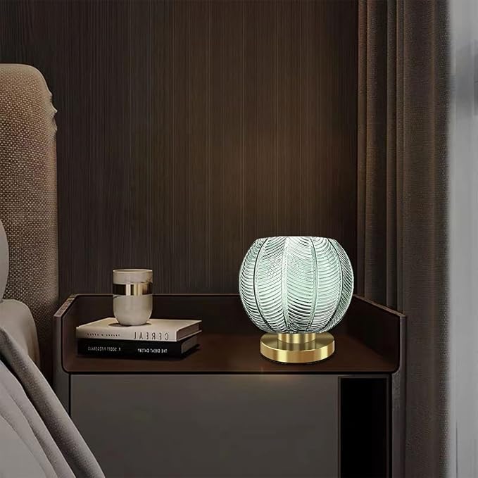 Gold Desk lamp Bedside Table Lamps Green Ribbed Glass Shade mid Century Modern lamp Globe Table lamp nightstand lamp Small Table lamp for Bedroom Living Room Office