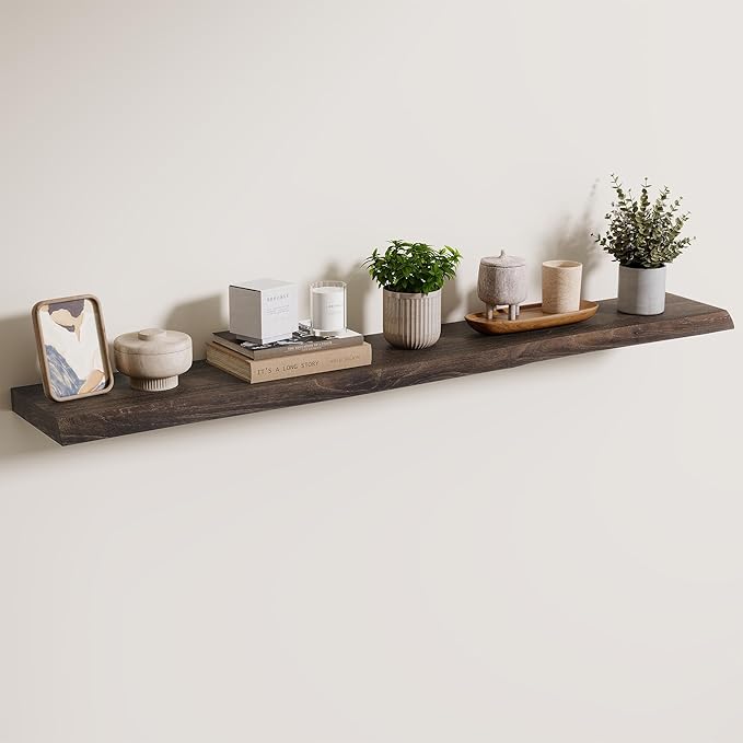 Axeman 48 inch Floating Shelves for Wall - 8'' D Live Edge Rustic Solid Elm Wood Floating Shelves Wall Mounted, Hanging Shelves with Invisible Bracket for Living Room Bedroom Kitchen, Walnut