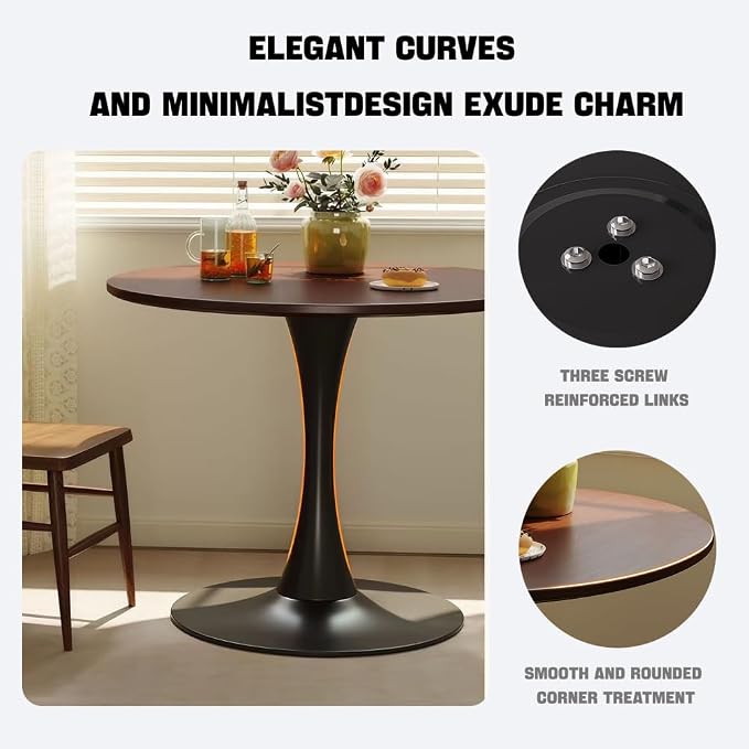 31.5 Inch Walnut Round Tulip Dining Table, Mid-Century Modern MDF Top Pedestal Kitchen Table, Small Space Leisure Coffee Table for Living Room Balcony Home Office