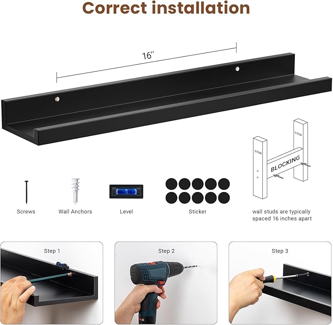 Heimlove 24 Inch Picture Ledge Shelf with Lip,Black Floating Shelves for Wall Set of 3,Wall Shelves in Varying Depths for Living Room,Bedroom,Nursery,Bookshelf