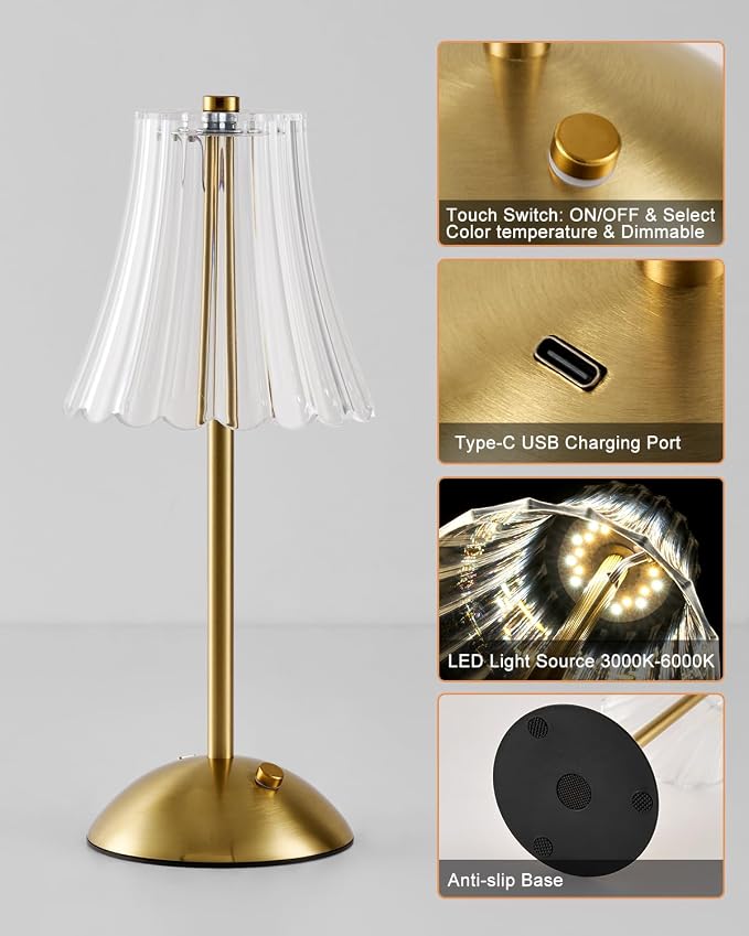 SHREWSBURY & CO Rechargeable Table Lamp Brass, LED Desk Lamp Battery Operated, 3 Colors and Dimmable, Bedside Reading Light, Cordless Touch Lamps for Bedroom Living Room Bar Restaurant