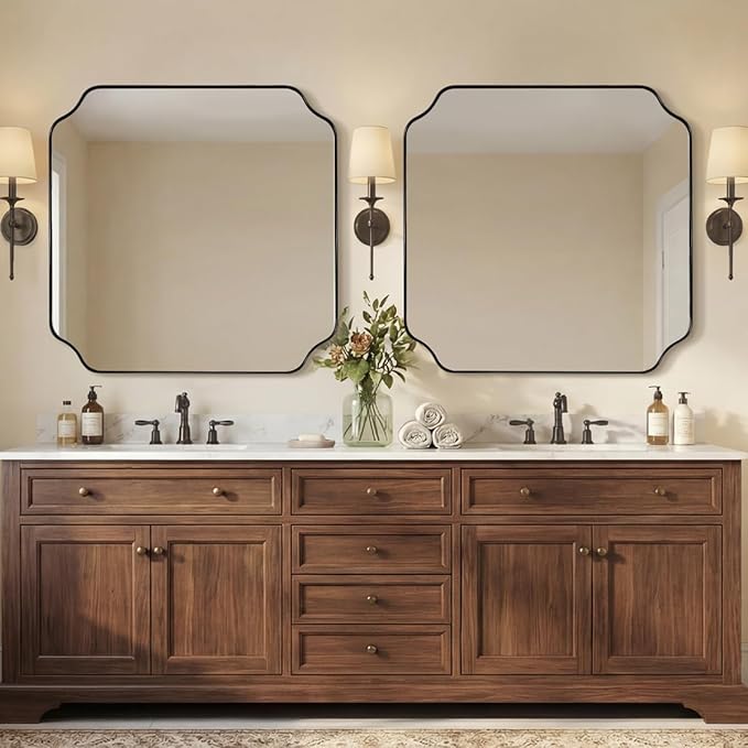 ANDY STAR 30x30 c Square Mirror, Matte Black Vanity Mirror, Modern Scalloped Bathroom Mirror in Premium Stainless Steel Metal Thin Frame, Unique Rounded Notched Corners