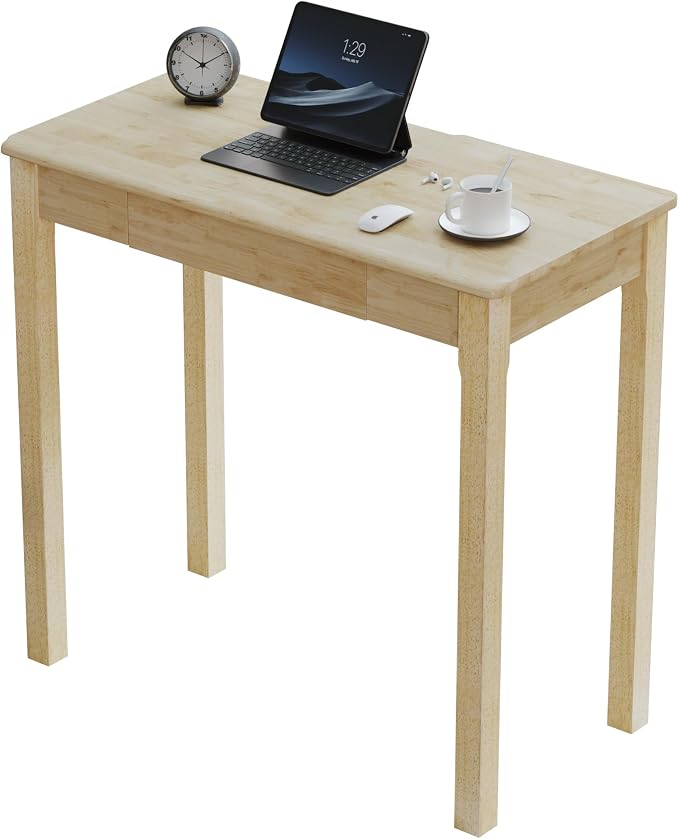 Solid Wooden Desk with Drawers - 32 x 16 Inch Narrow Desks for Small Spaces, Rubberwood Simple Study Table, Small Writing Desk for Bedroom - Natural Boho Desks