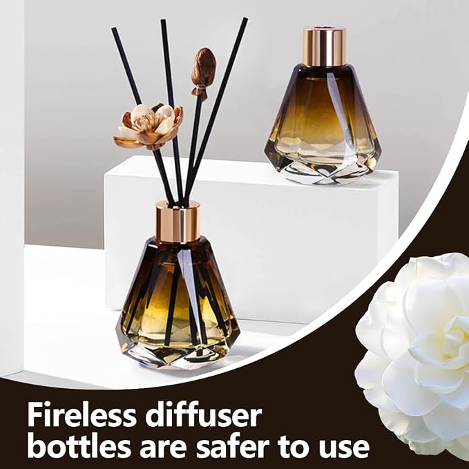 2Pcs 60ml/2oz Empty Refillable Amber Diamond Shape Glass Diffuser Bottle with Gold Lid Essential Incense Oil Diffuser Jars Fragrance Scent Diffuser for Home Office Shelf Decor (Exclude Sticks)