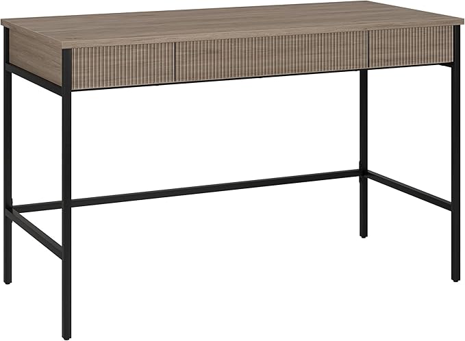 Henn&Hart 48" Fluted Mid-Century Modern Rectangular Wooden Home Office Desk Computer Desk Writing Table with 3 Ribbed Storage Drawers for Bedroom, Living Room, or Home Office, Weathered Gray
