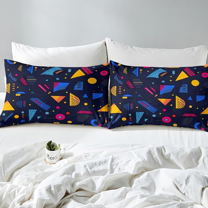 Memphis Geometric Pattern Comforter Cover Set King Size,Retro Style Round Half Moon Triangle Shapes Artwork Duvet Cover Colorful Graphic 80s 90S Style Bedding Set Abstract 1990S Memphis Home Decor