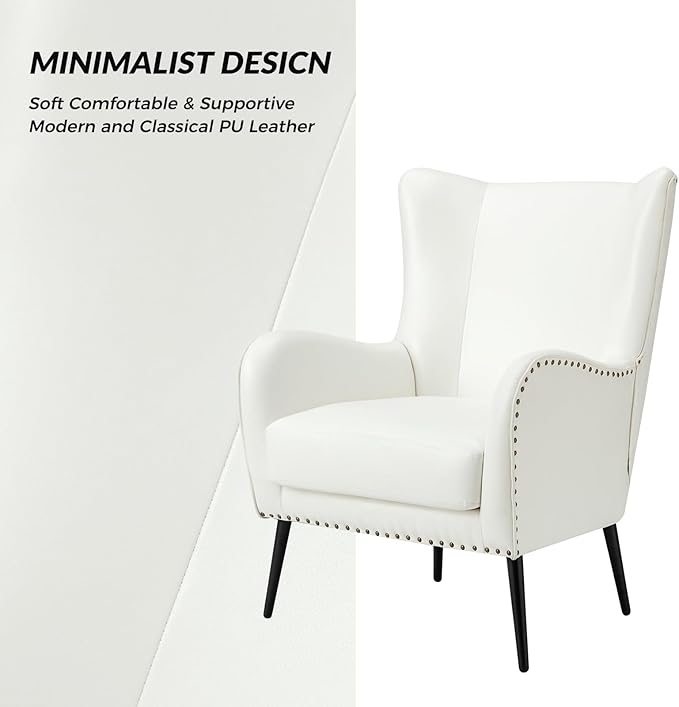HULALA HOME Faux Leather Accent Chair with Removable Cushion, Comfy Upholstered Armchair with Black Metal Legs & Nailhead Trim Wingback Vanity Chair for Reading Living Room Bedroom, Ivory