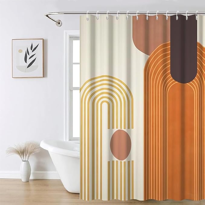 Modern Bohemia Shower Curtain for Bathroom Orange Abstract Minimalist Bathroom Set Decor Stripes Arch Sun Chic Aesthetic Washable Waterproof Polyester Fabric with Hooks 60x72 Inch