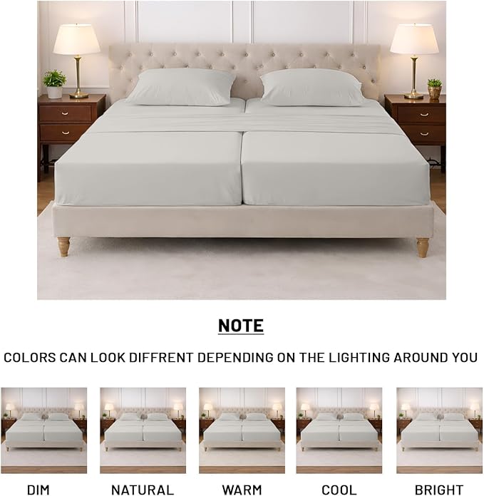 SGI Split King Sheet Set for Adjustable Bed Egyptian Premium Cotton 600 Thread Count Sheets for Sleep Number Bed 15" Deep Pocket 5 Pc Set with 2 Twin XL Fitted Sheets Soft Breathable -Light Grey