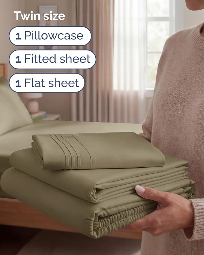 Twin Size 3 Piece Sheet Set - Comfy Breathable & Cooling Sheets - Hotel Luxury Bed Sheets for Women & Men - Deep Pockets, Easy-Fit, Extra Soft and Wrinkle Free Sheets - Khaki Oeko-Tex Bed Sheet Set
