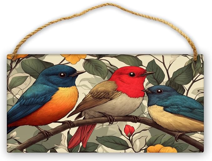Traditional Birds Portrait Wooden Sign 12x6 Inch - Vintage Decor for Botanical Enthusiasts & Bird Lovers, Ideal for Spaces Celebrating Classic Nature Art