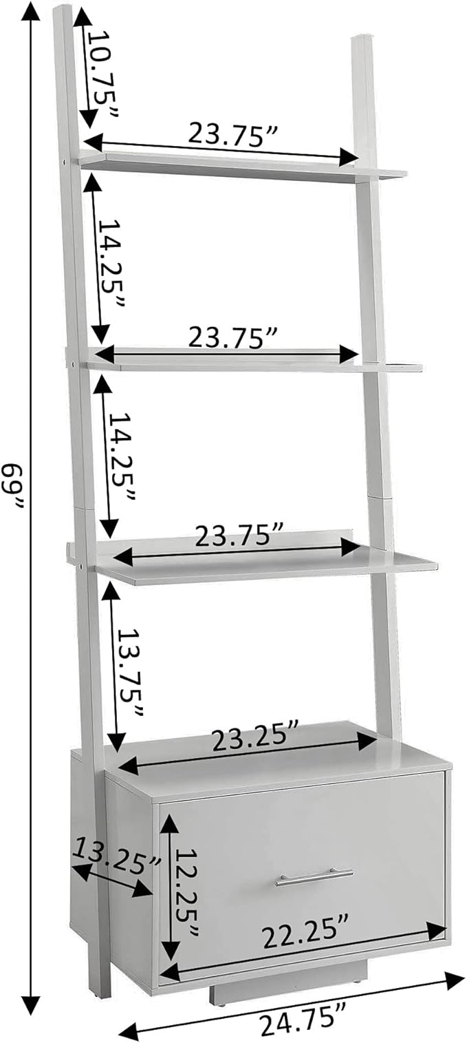 Convenience Concepts American Heritage Ladder Bookshelf with File Drawer 24.75" - Classic Living Room Bookcase with Filing Cabinet for Office, Den, White