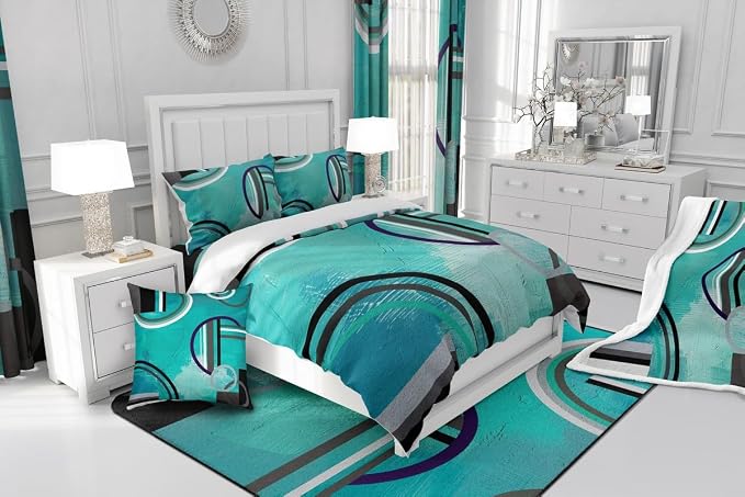 Erosebridal Geometric Circles Duvet Cover King,Teal Blue Grey Black Comforter Cover,Ombre Oil Painting Bedding Set,Modern Abstract Tie Dye Quilt Cover,Room Decor Bedspread Cover with 2 Pillow Cases