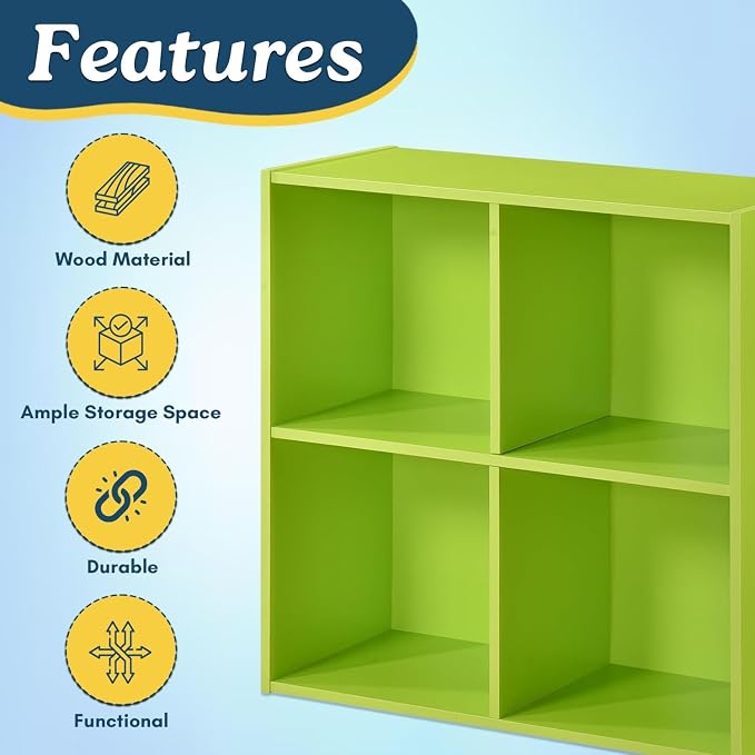 Kings Brand Furniture George 4-Cube Storage Organizer, 2-Tier Bookcase with Wood Shelves for Living Room, Bedroom, Nursery, or Home Office (Green, 2-Pack)
