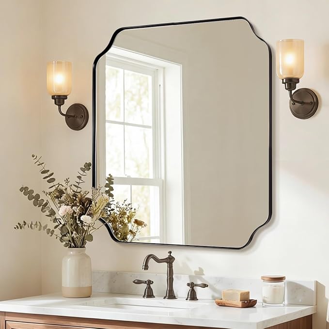 ANDY STAR 30x30 c Square Mirror, Matte Black Vanity Mirror, Modern Scalloped Bathroom Mirror in Premium Stainless Steel Metal Thin Frame, Unique Rounded Notched Corners