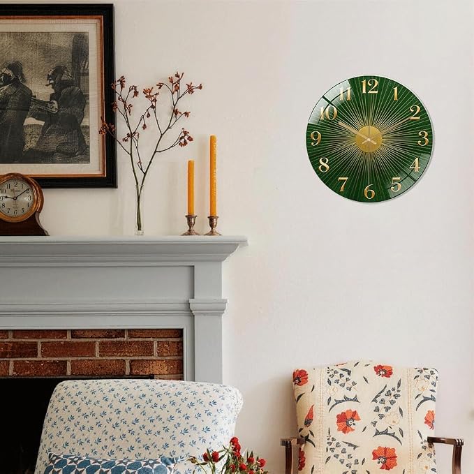 24 Inch Green Sunburst Glass Wall Clock Silent Art Decor | Silent glossy clock with an emerald green sunburst and gold numbers, elegantly tracking time for your living room