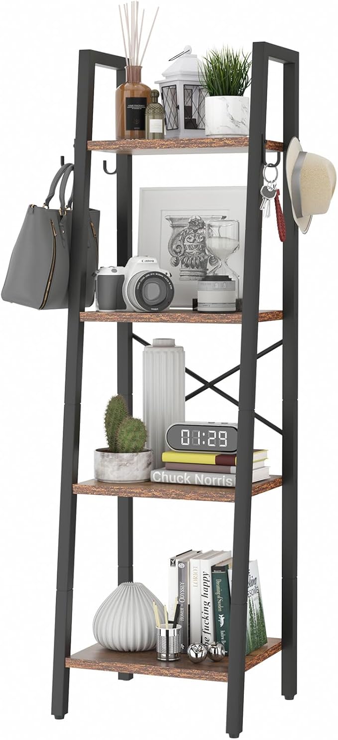 YMYNY 4 Tiers Ladder Bookcase, Industrial Narrow Bookshelf, Open Display Rack with 4 S Hooks, Metal Storage Shelves for Bedroom, Home Office, Living Room, Rustic Brown, 49.2H*13.4L*11.8W, UHBC024H