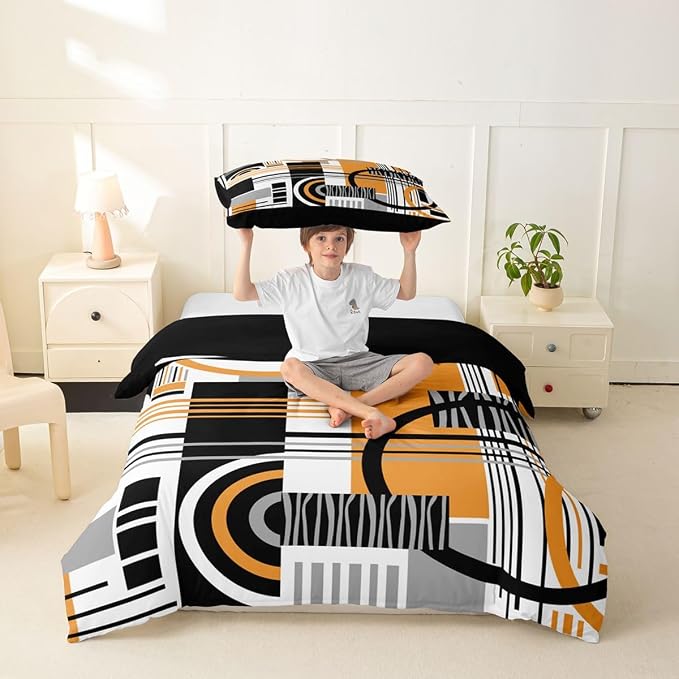 Erosebridal Art Deco Mid Century Duvet Cover Set Retro Modern Abstract Geometric Girl Toddler Bedding Set for Young Boys Black and White Yellow Circles Stripes Comforter Cover Contemporary Bed Sets