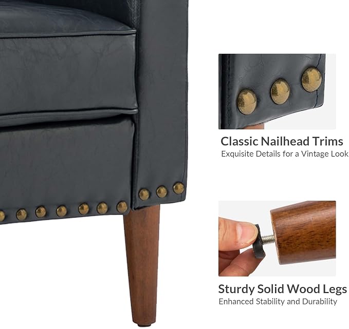 HULALA HOME Faux Leather Accent Armchair with Back & Seat Cushions, Traditional Club Chair with Nailhead Trim, Comfy Upholstered Sofa Chair for Living Room Bedroom, Navy