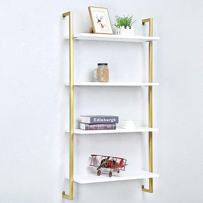 Industrial Metal Wall Shelf,Floating Wood Shelves Wall Mounted,24in Iron Real Wood Book Shelves,4 Tier Bookshelf Shelving