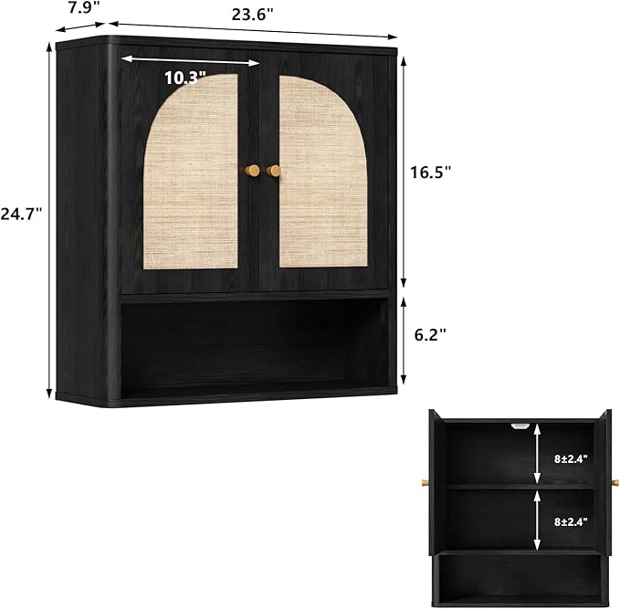 RUSTOWN Rattan Bathroom Wall Cabinet, Over The Toilet Storage Cabinets with 2 Arched Doors, Modern Medicine Cabinet with Adjustable Shelf & Rounded Edges, Mid-Century Bathroom Organization