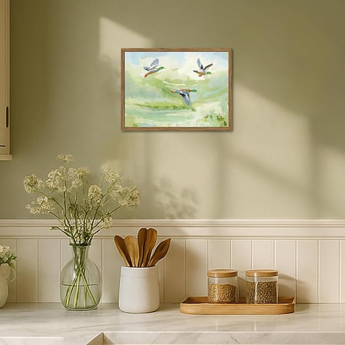 Vintage Mallard Duck Wall Art Cottagecore Flying Ducks Wall Decor Painting Rustic Bird Animal Landscape 3D Textured Hand Drawn Sandstone Artwork for Living Room Bedroom 16x24 inch Framed