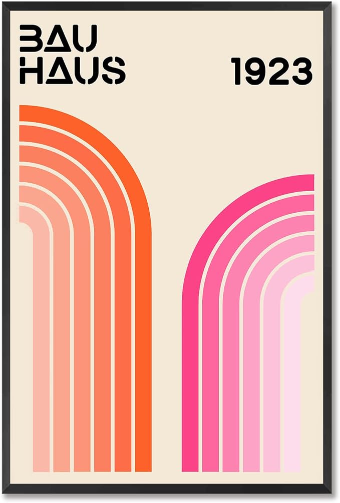 Bau Haus 1923 Retro Geometric Framed Poster Bold Orange And Pink Curved Arcs Canvas Wall Art Minimalist Typography Prints Painting For Home Bedroom Dorm Wall Decor 24x36in Framed
