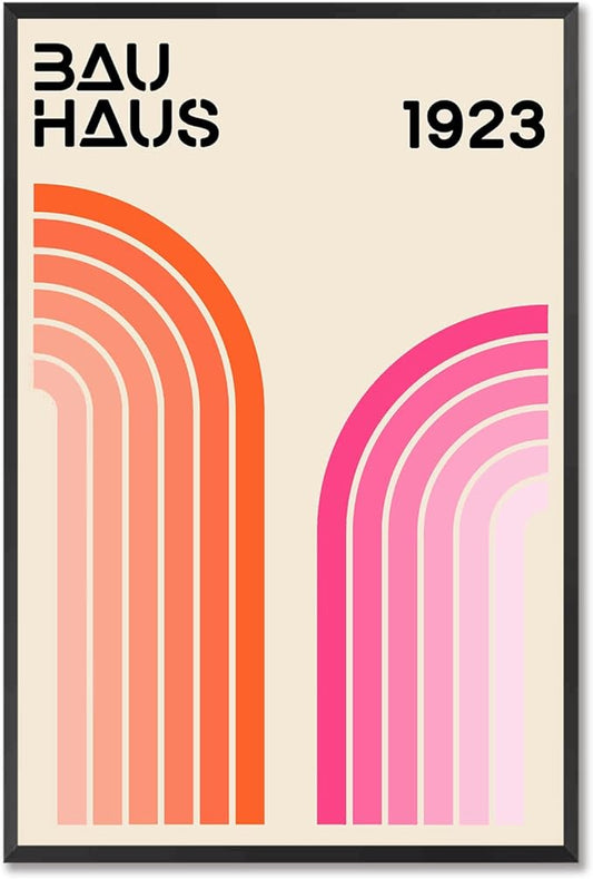 Bau Haus 1923 Retro Geometric Framed Poster Bold Orange And Pink Curved Arcs Canvas Wall Art Minimalist Typography Prints Painting For Home Bedroom Dorm Wall Decor 24x36in Framed