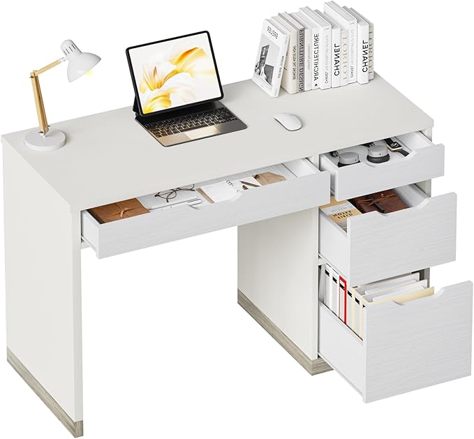 MaverickFurni White Desk with Drawers, 48 Inch Small Computer Desk with 4 Storage Drawers for Small Space, Home Office Desk for Bedroom with Storage File Drawer