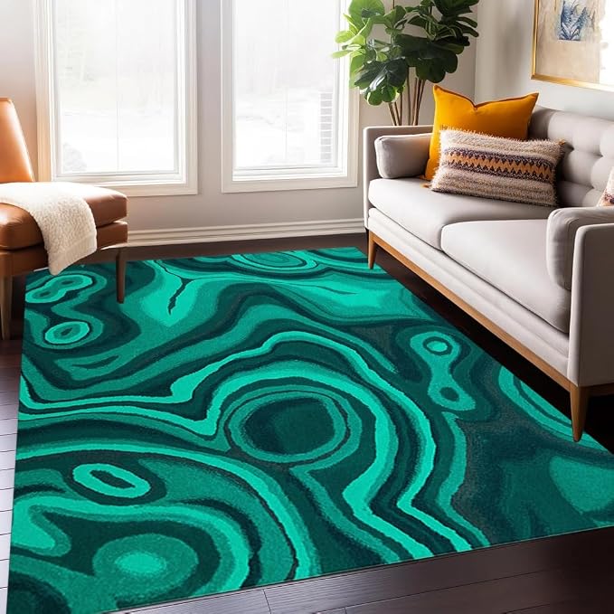Dark Green Marble Swirl Modern Abstract Lux Area Rug for Living Room Bedroom Farmhouse Big Washable Soft Aesthetic Carpet Under Dining Coffee Table Minimalist Home Office Indoor Rug 2x6