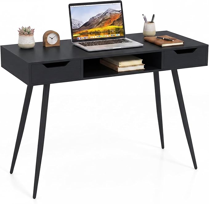 Tangkula Mid Century Modern Computer Desk, Writing Desk with 2 Drawers & Open Center Storage, Small Wooden Study Table for Home Office & Compact Spaces (Black)
