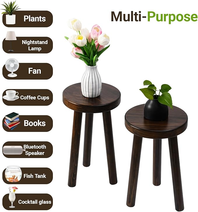 Wood Plant Stand Set of 2 (18+16" Tall) - Dark Walnut Round Solid Wood Plant Stand, Side Table, or Bathroom Stool - Heavy Duty Stool for Small Spaces