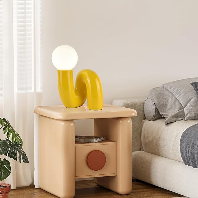 Modern Yellow Table Lamp Bauhaus Resin Table Light Aesthetics Milk White Globe Glass Light Fixtures for Bedside Bedroom Living Room Kid’s Room Corner Office